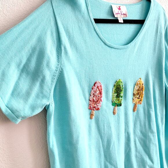 Quacker Factory Plus Size 1X Blue Sequin Popsicle Shirt Top Blouse Whimsy Vacay - Picture 3 of 7